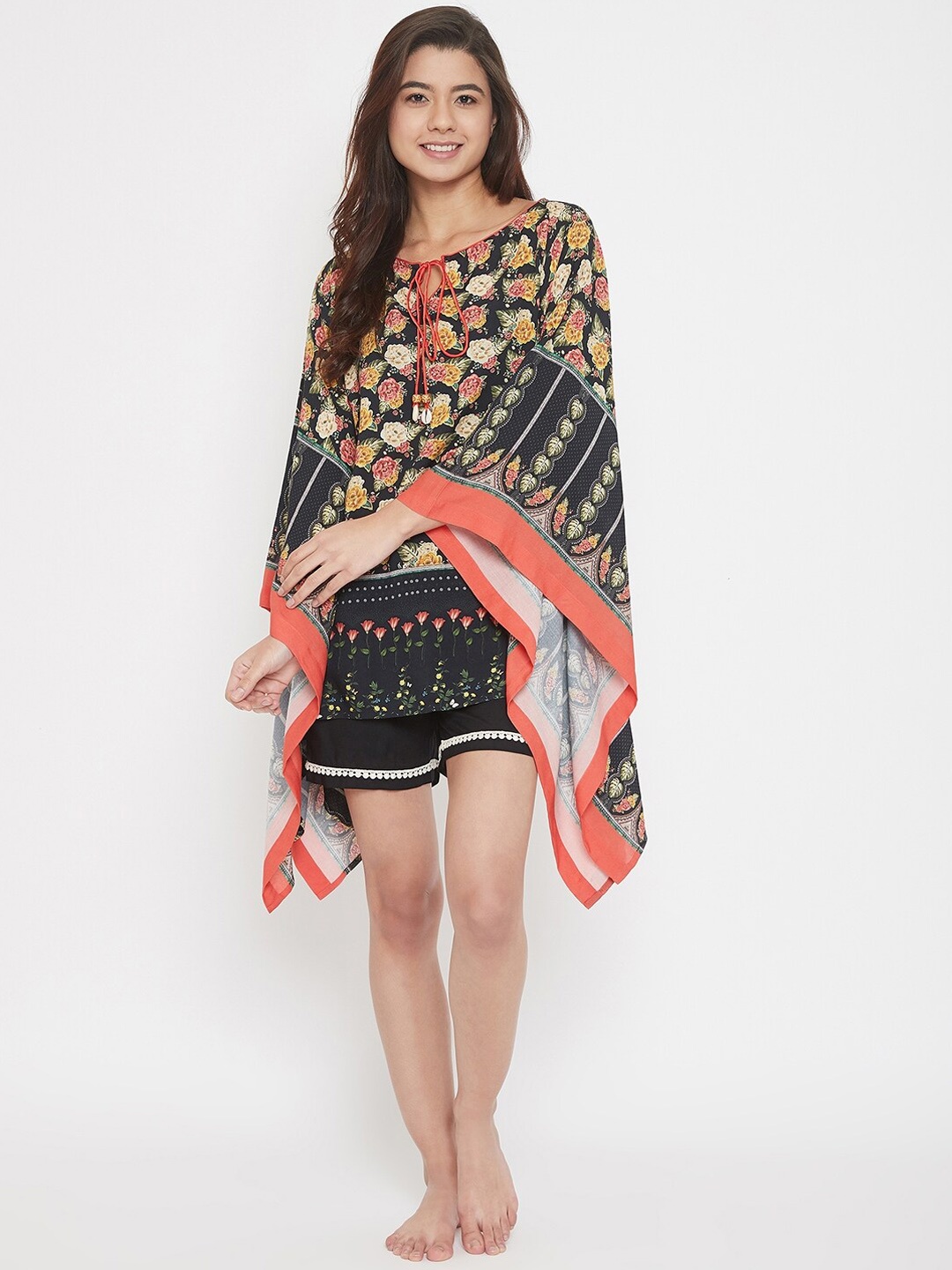 

The Kaftan Company Women Black & Orange Floral Printed Kaftan Style Night Suit