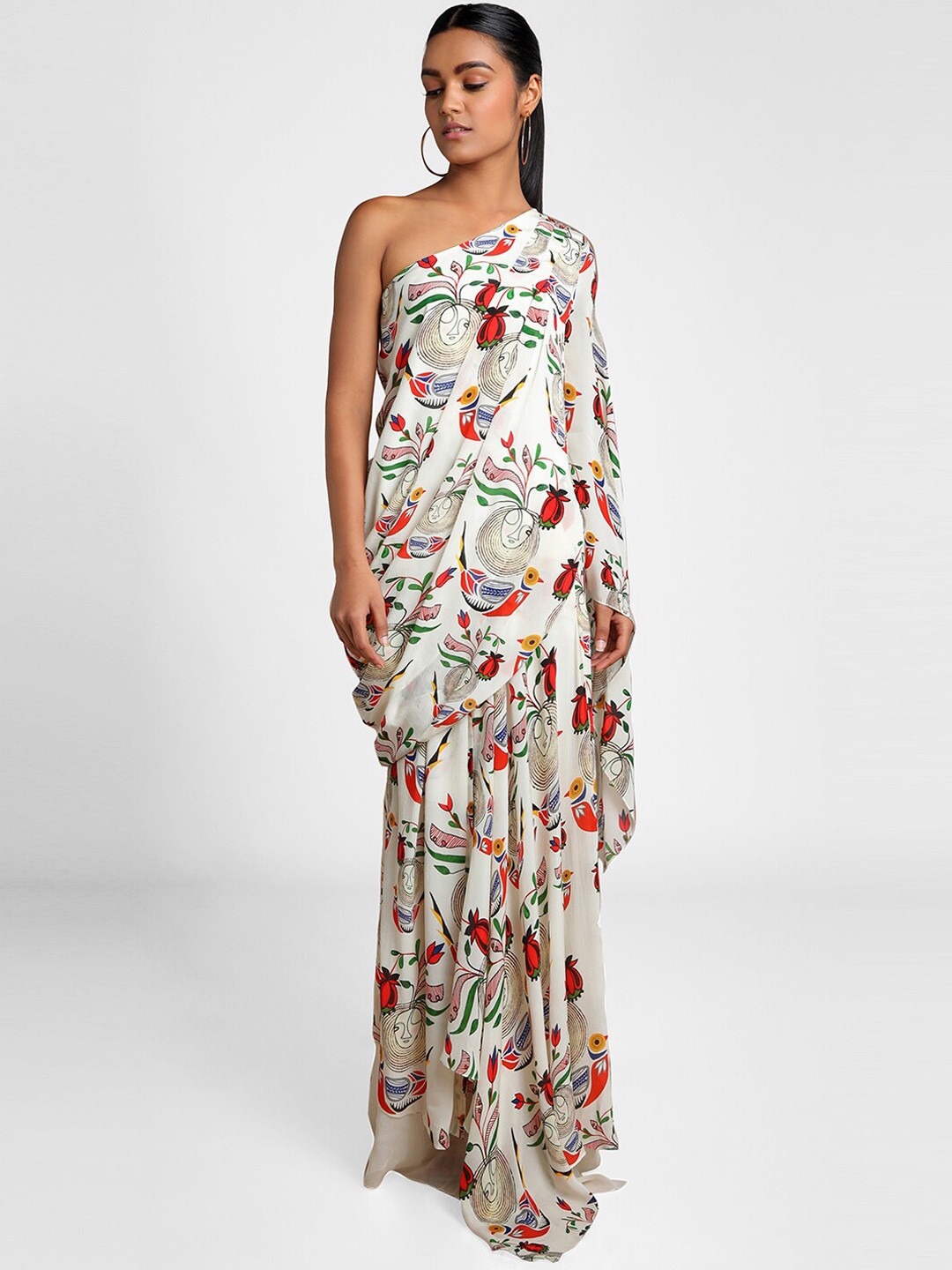 

Masaba Women Off White & Red Ivory Of Birds & Bees Printed Draped Top With Skirt By Masaba Gupta