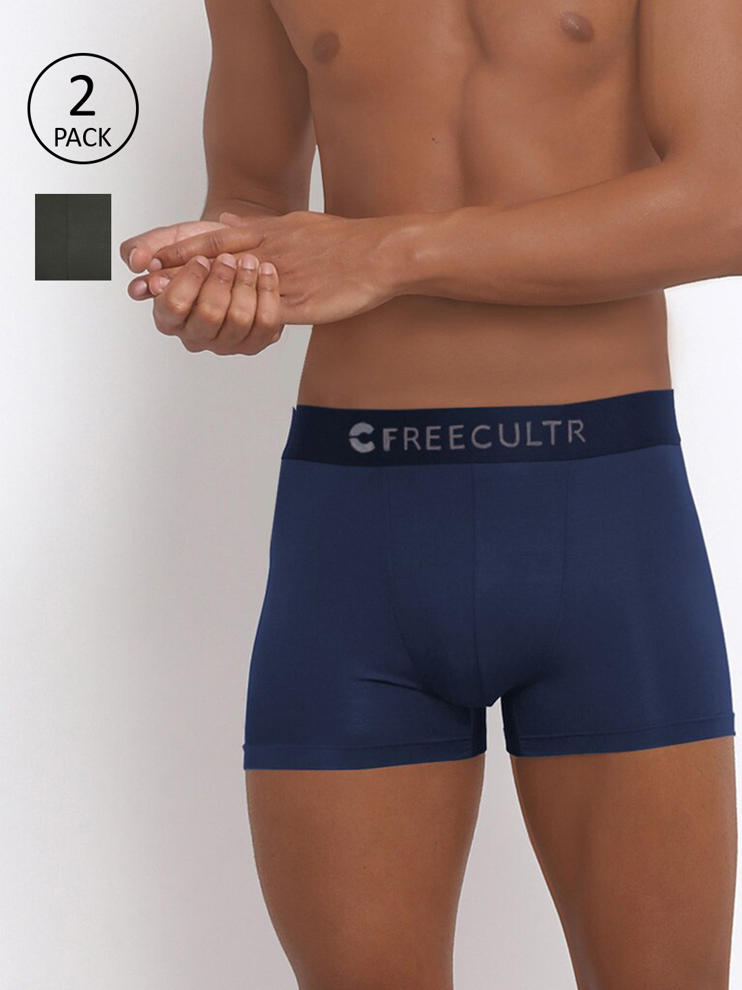 

FREECULTR Men Navy Blue & Green Pack of 2 Solid Trunks