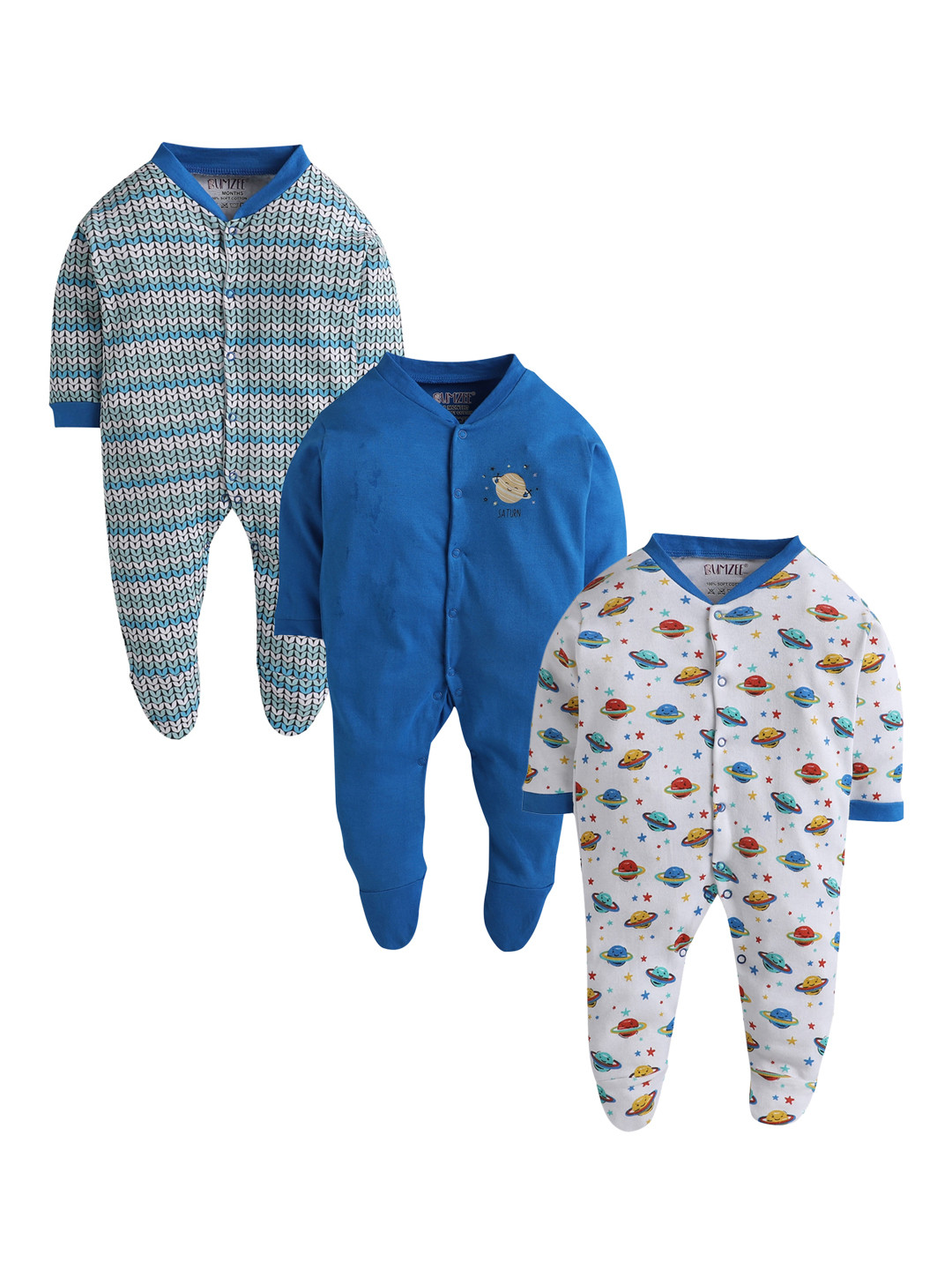 

BUMZEE Infant Kids Pack Of 3 Sleepsuits, Blue