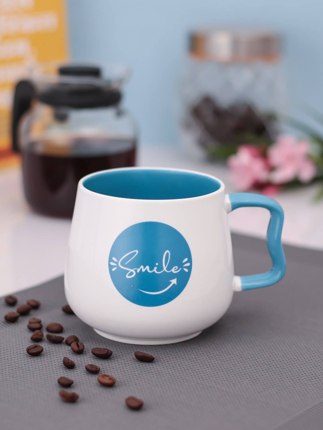 

JCPL White & Blue Smile Print Ceramic Milk Mug