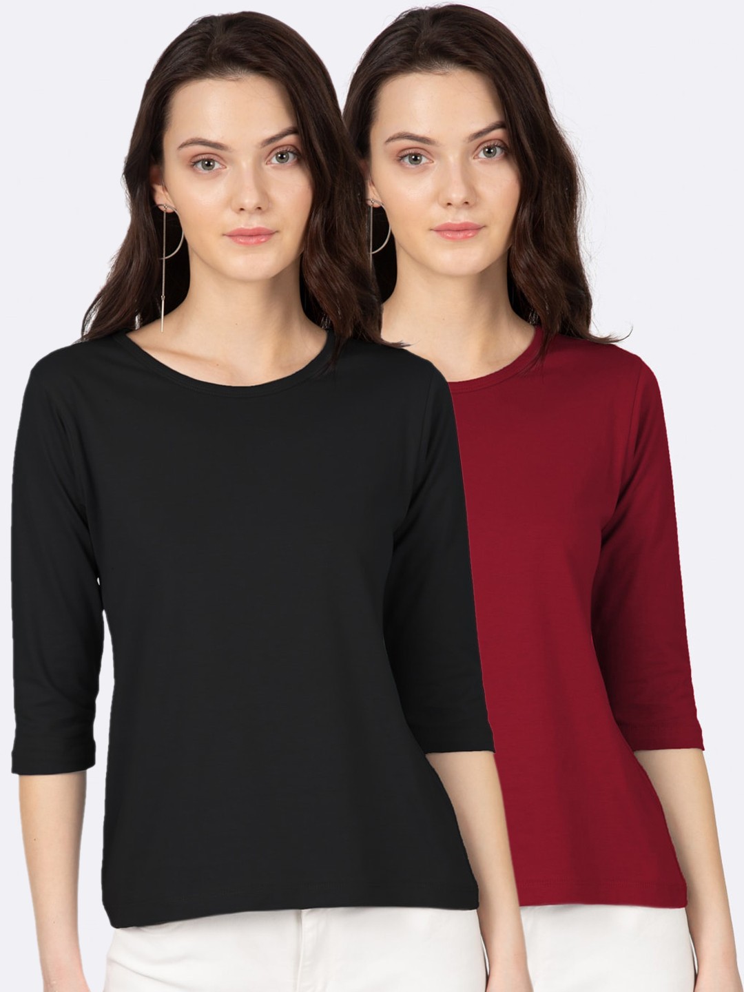 

Bewakoof Women Red Solid Round Neck Cotton T-shirt Pack of 2
