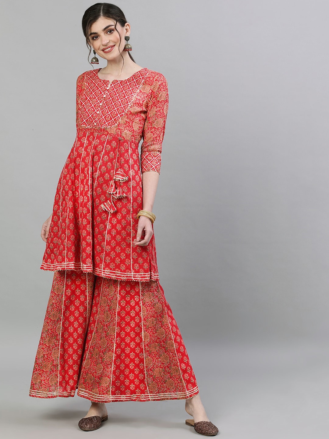 

Ishin Women Red Embroidered Kurta with Sharara
