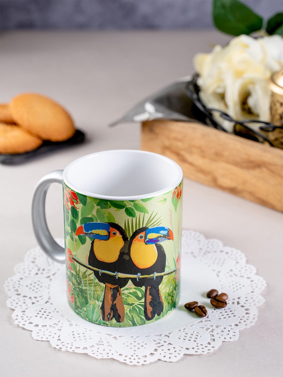

KOLOROBIA Silver-Toned & Green Printed Tropical Rain Forest World Toucan Inspired Ceramic Mug