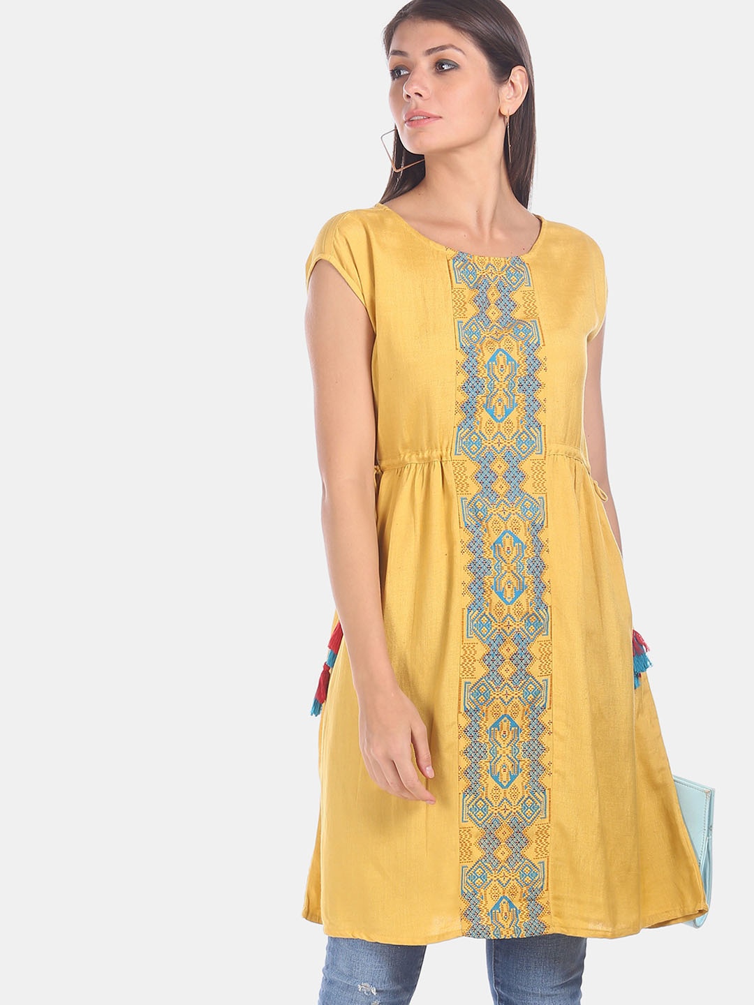 

Karigari Women Mustard Printed A-Line Kurta