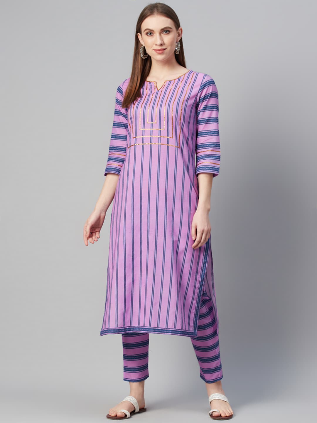 

ZIYAA Women Lavender Striped Straight Kurta
