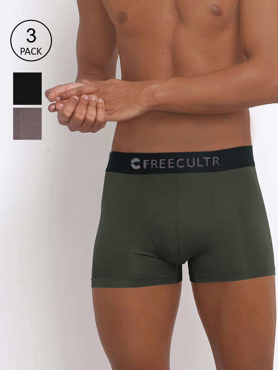 

FREECULTR Men Pack of 3 Multicoloured Trunks, Green