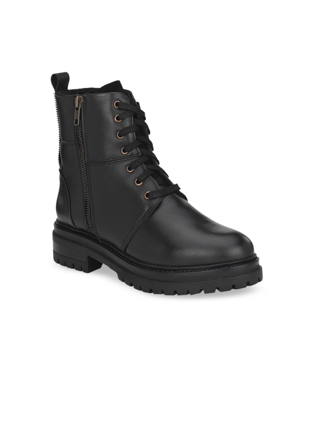 

Delize Women Black Solid Leather High-Top Flat Boots