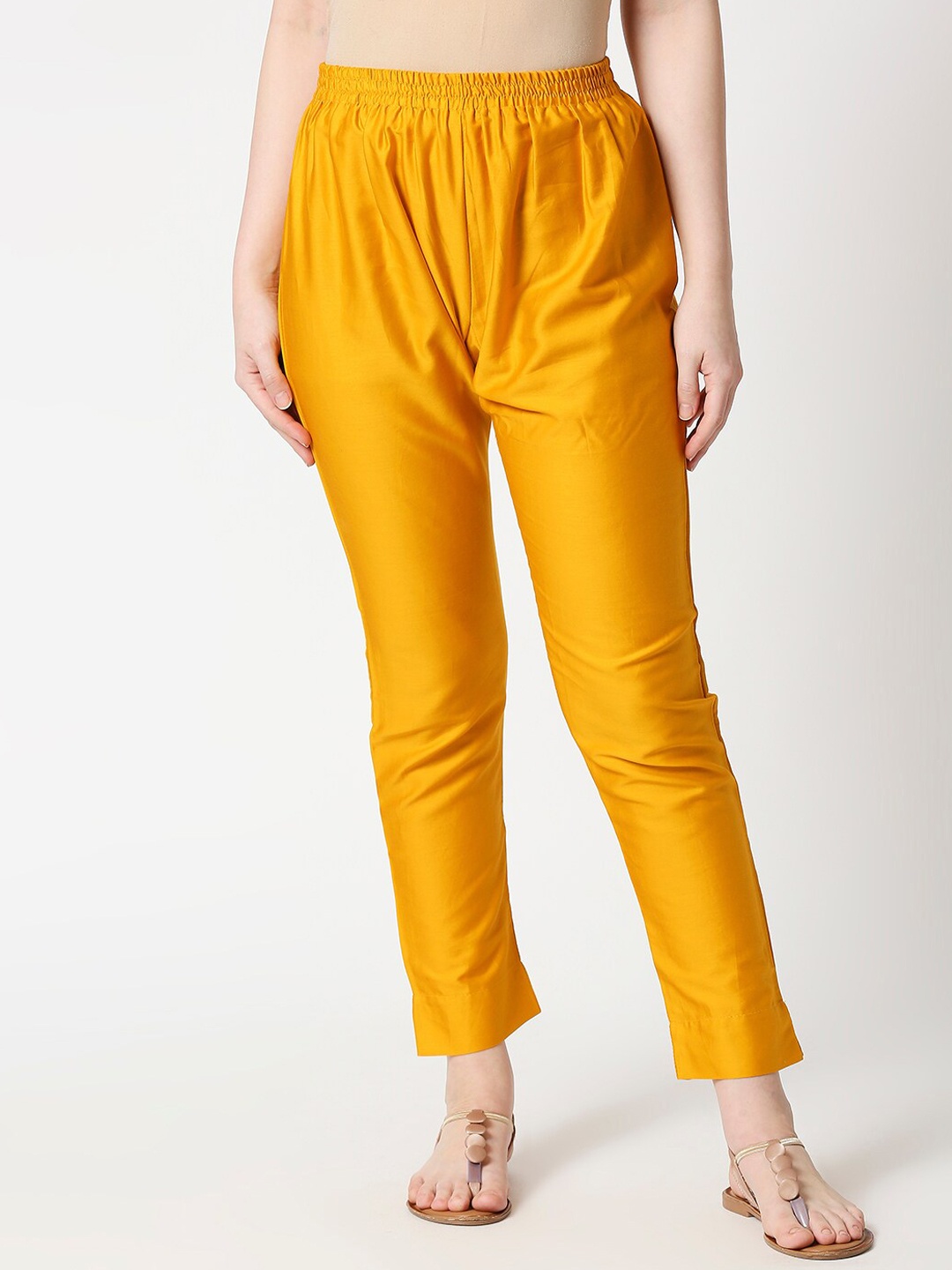 

ZRI Women Mustard Yellow Solid Cotton SIlk Cigarette Trousers