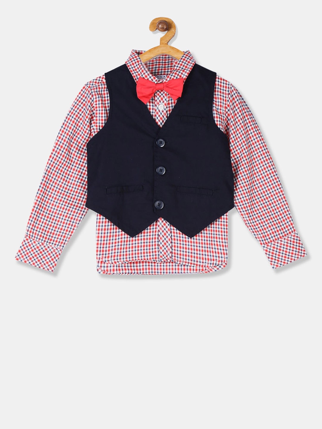 

Donuts Boys Red Regular Fit Checked Casual Shirt with Neck Bow and Waistcoat