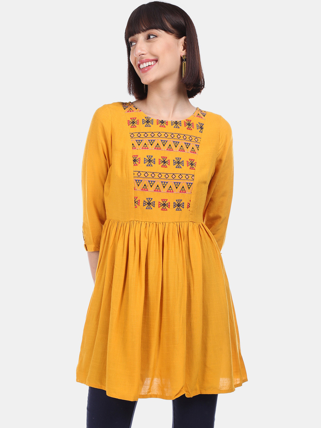 

Karigari Women Mustard Embroidered A-Line Kurta