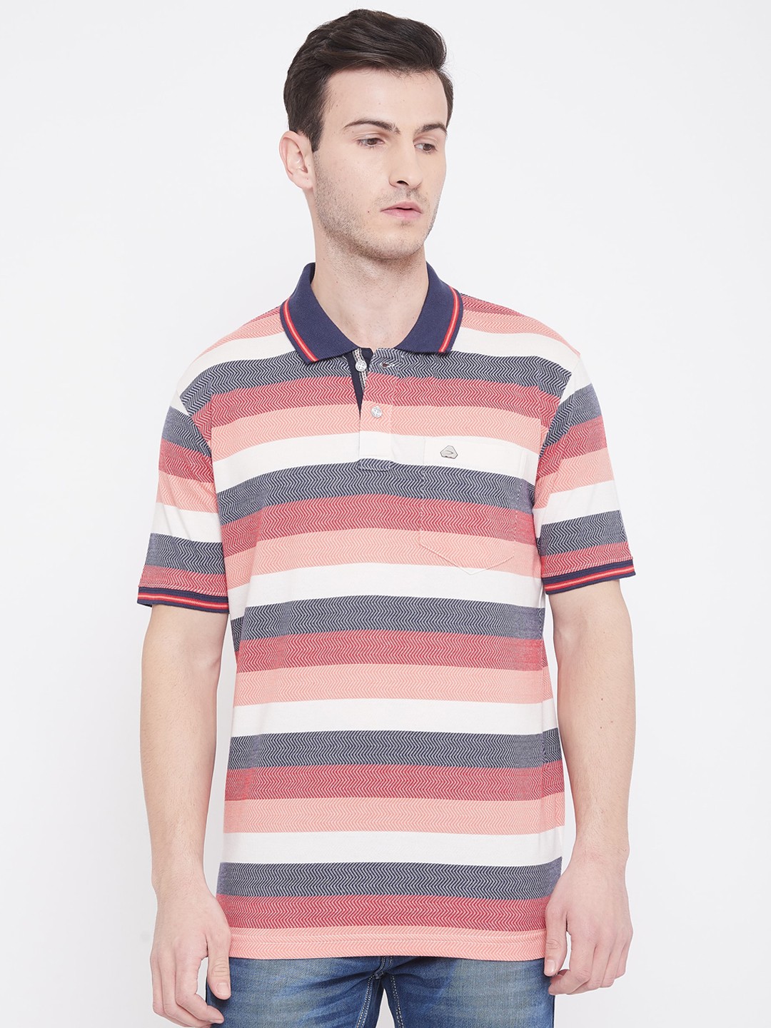 

Duke Men Red Striped Polo Collar T-shirt
