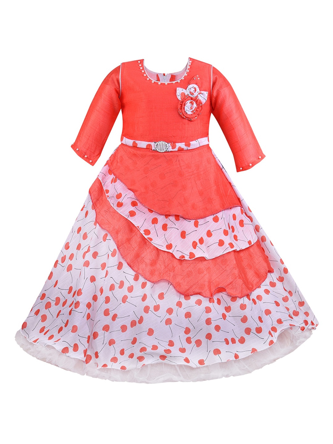 

Wish Karo Girls Coral Self Design Fit and Flare Dress