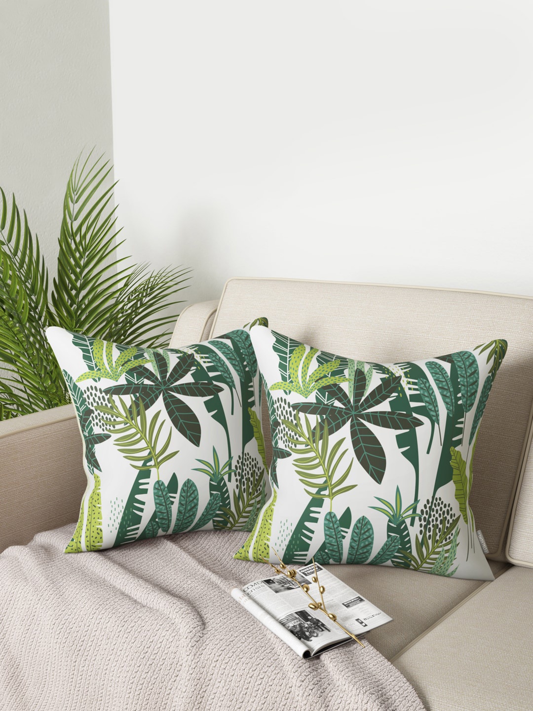 PETAL HOME Set Of 2 White & Green Floral Square Cushions