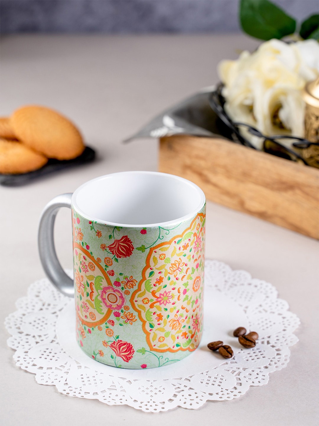 KOLOROBIA White & Orange Printed Ornate Mughal Ceramic Mug
