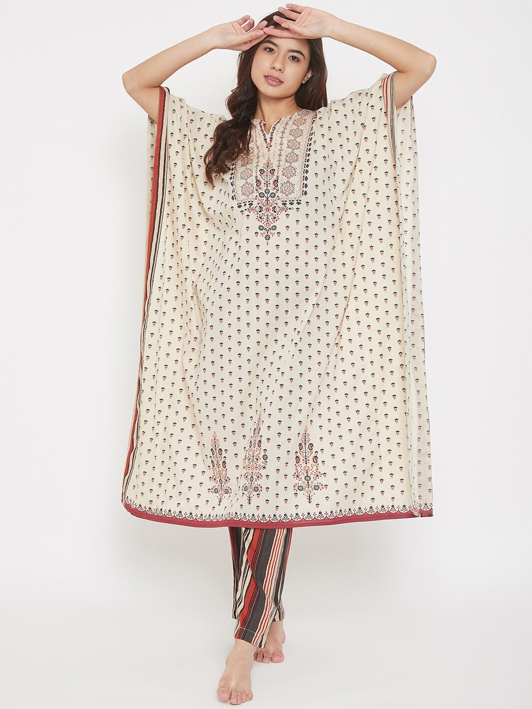 

The Kaftan Company Women Beige & Red Printed Night Suit
