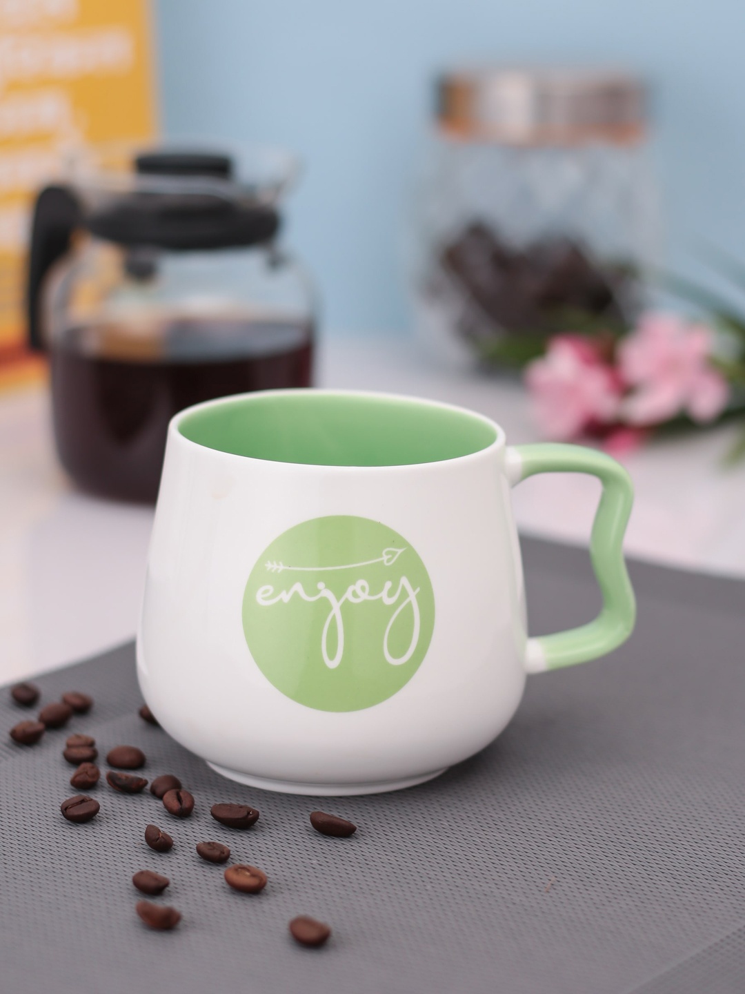 JCPL Fine Ceramic White & Lime-Green Enjoy Printed Milk Mug