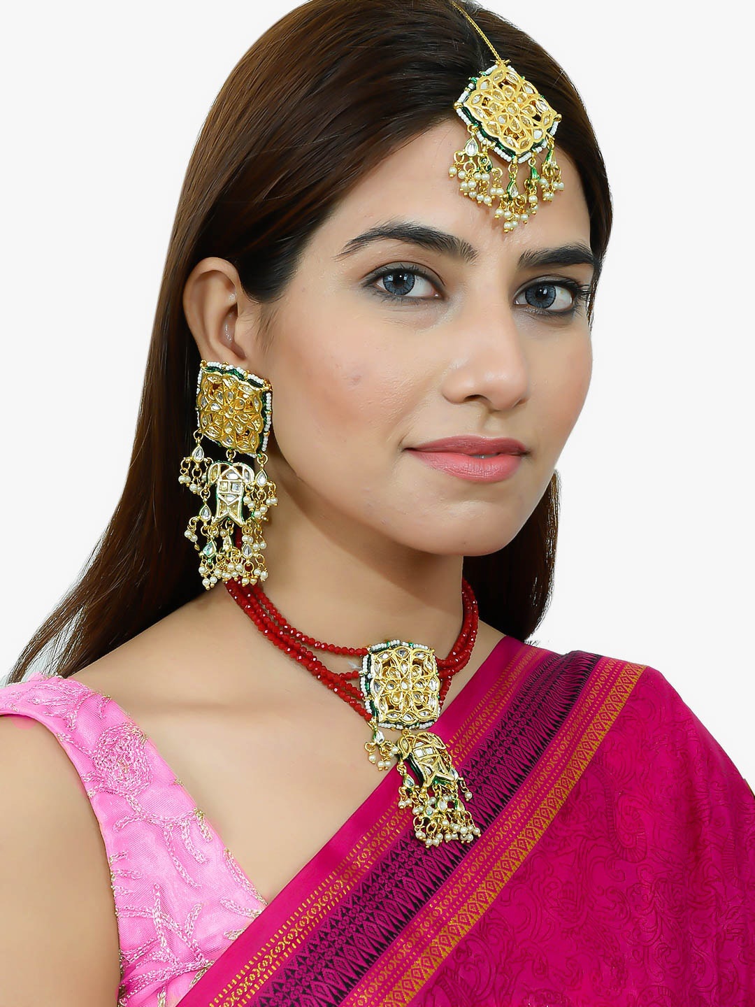

Silvermerc Designs Gold-Plated Red & White Beaded Meenanakari Choker Jewellery Set