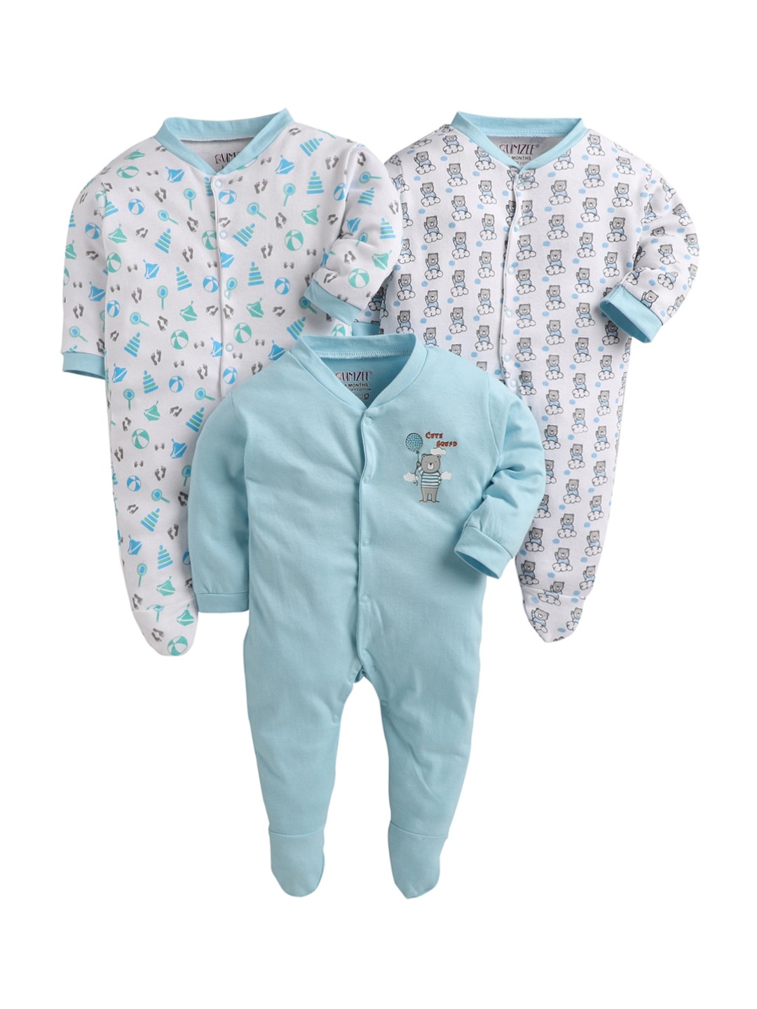 

BUMZEE Newborn Unisex Kids Pack Of 3 Sleepsuits, Sea green