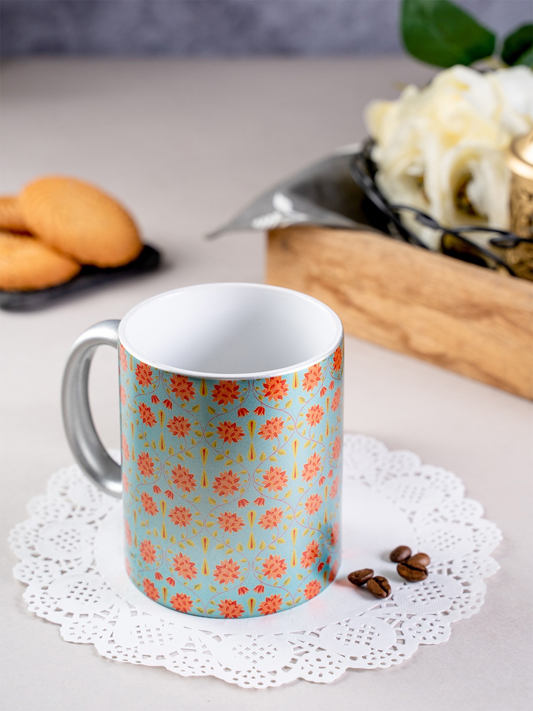 

KOLOROBIA Silver-Toned & Green Printed Babur Inspired Ceramic Mug