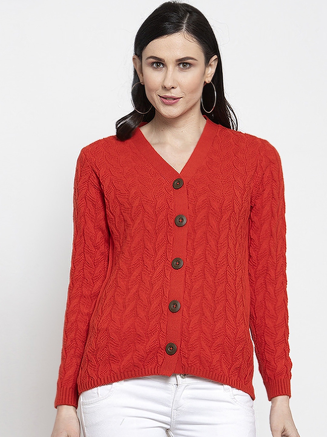 

Kalt Women Rust Orange Self Design Cardigan