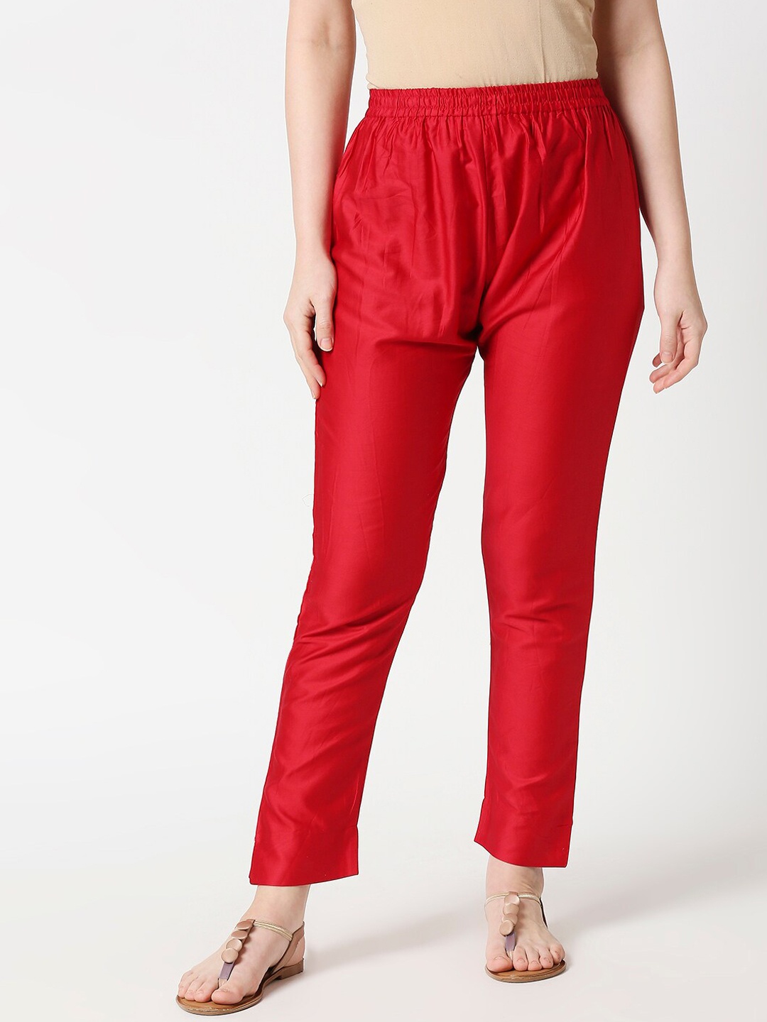 

ZRI Women Red Regular Fit Solid Cotton Silk Ethnic Cigarette Trousers