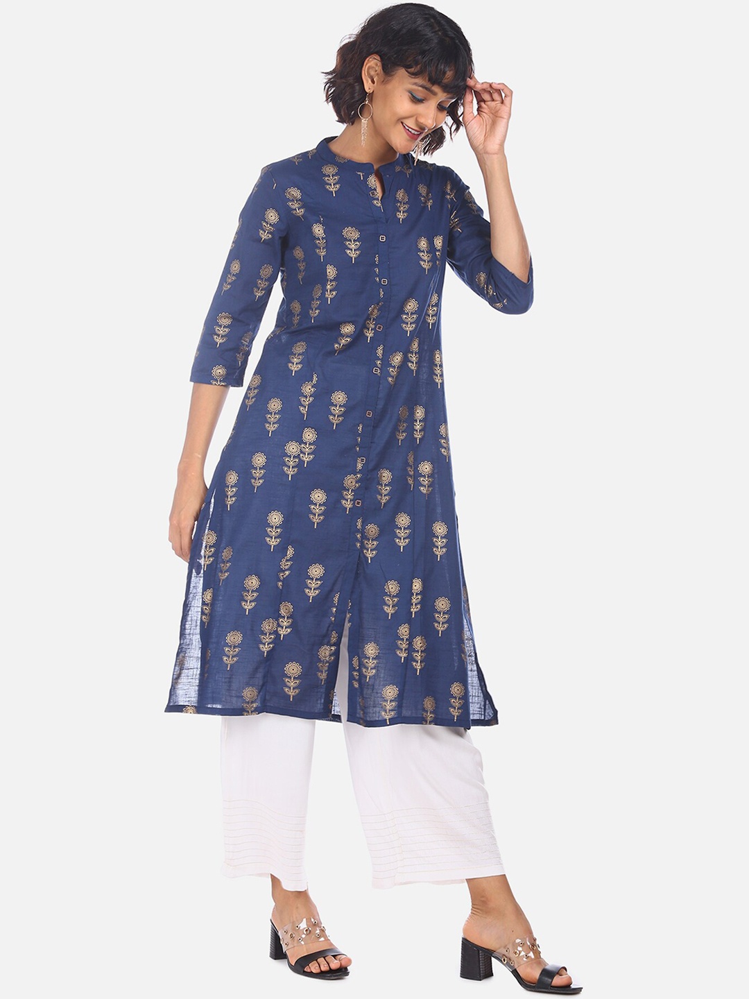 

Karigari Women Navy Blue & Gold-Toned Printed A-Line Kurta