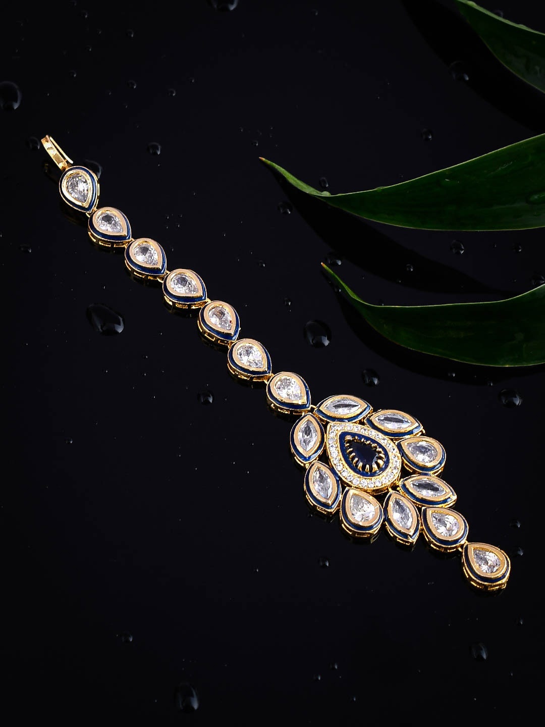 

Silvermerc Designs Gold-Plated White & Blue American Diamond-Studded Handcrafted Maang Tikka