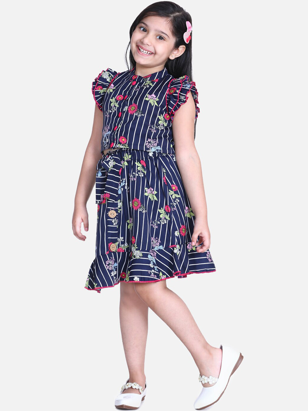 

Cutiekins Girls Navy Blue & White Printed Top with Skirt