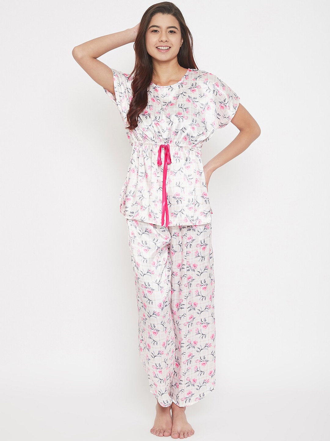 

The Kaftan Company Women Off White & Pink Floral-Print Night Suit
