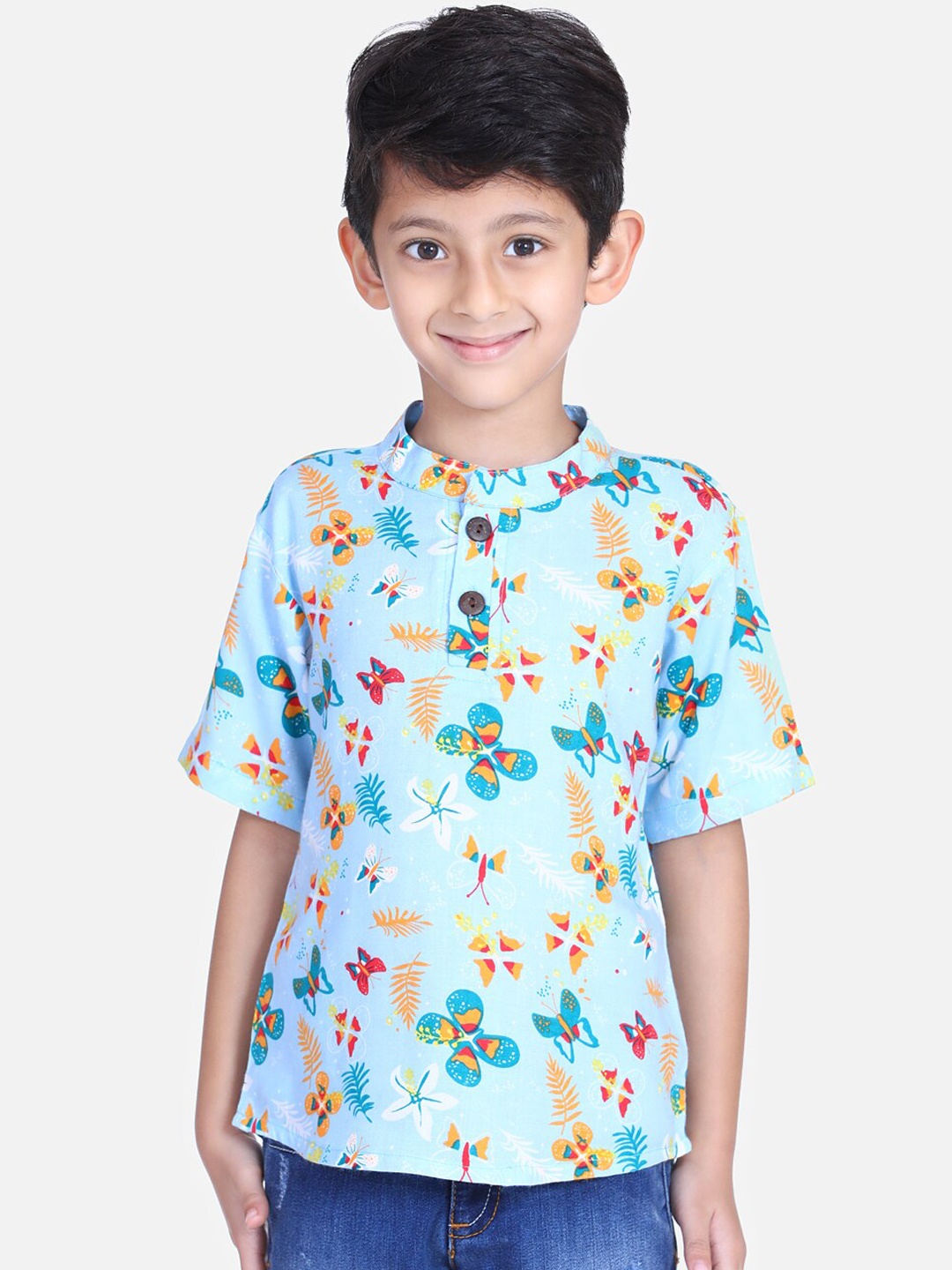 

Cutiekins Boys Turquoise Blue Printed Mandarin Collar T-shirt