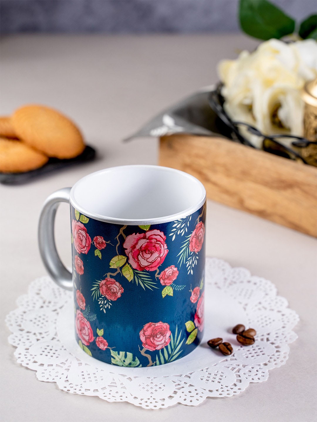 KOLOROBIA Blue & Pink Misty Morning Roses Blue Sliver Mug