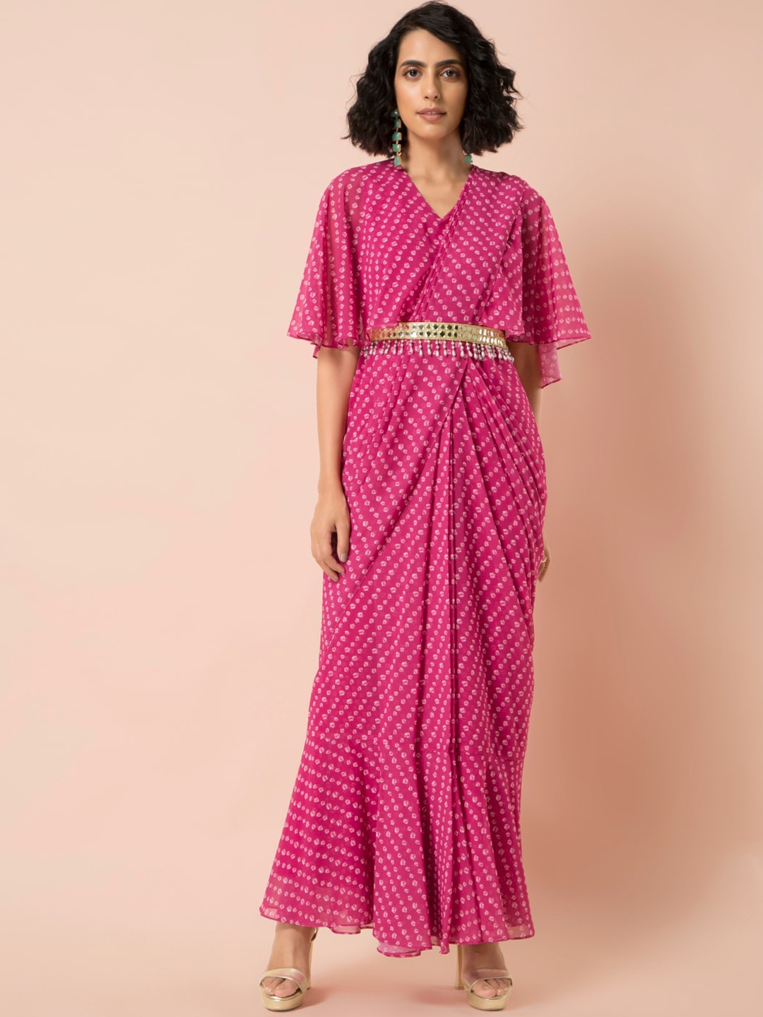 

INDYA Pink Bandhani Printed Belted Sari Tunic