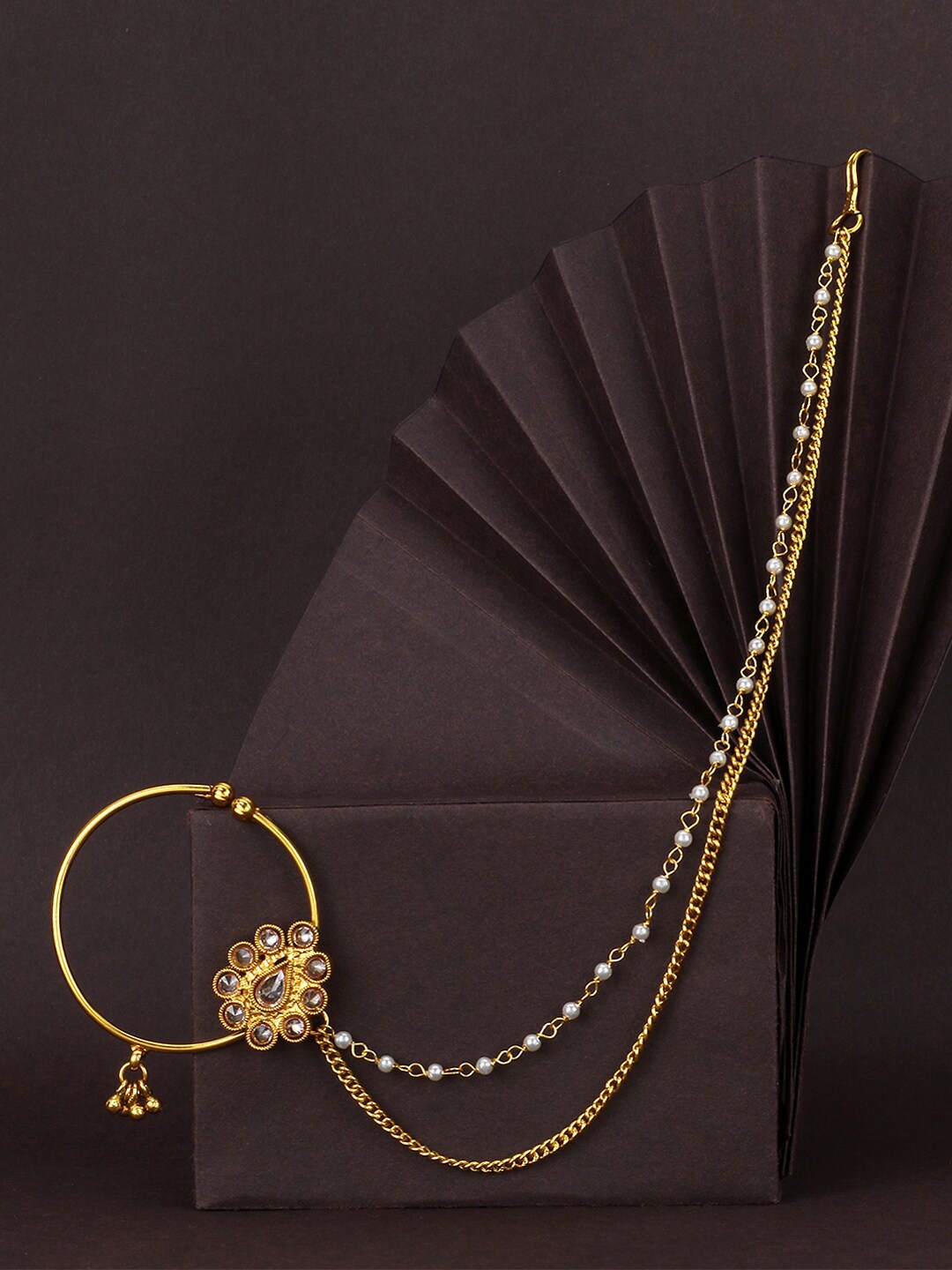 

Adwitiya Collection 24 CT Gold-Plated White Stone-Studded Chained Nose Pin