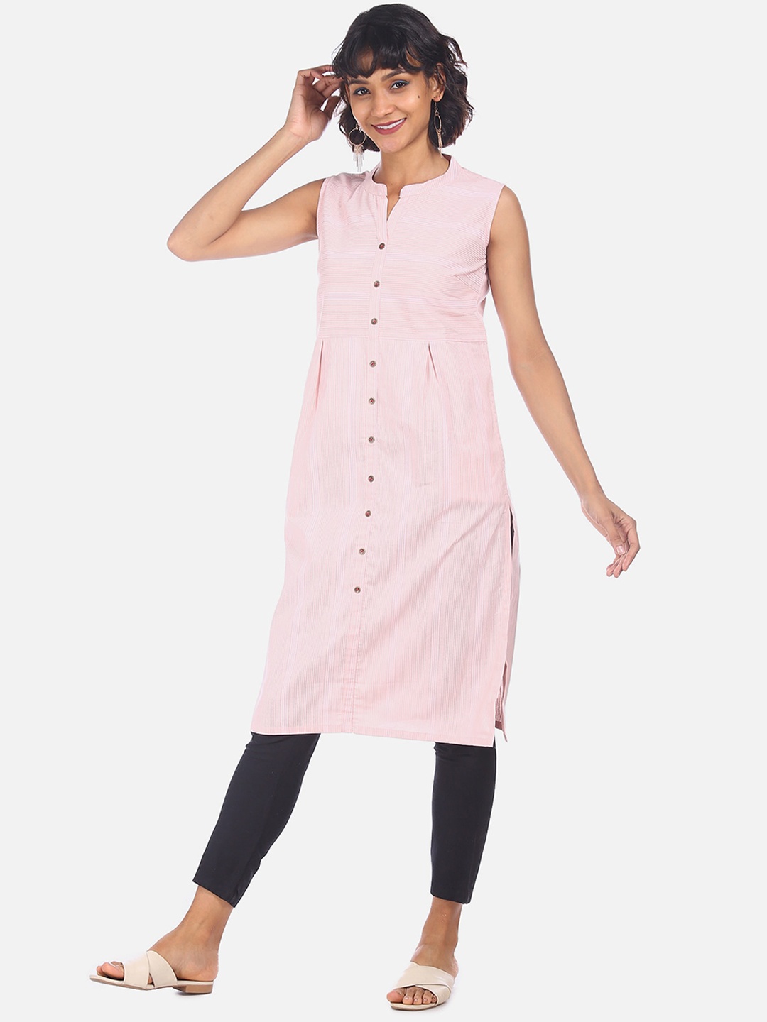 

Karigari Women Pink Striped Straight Cotton Kurta