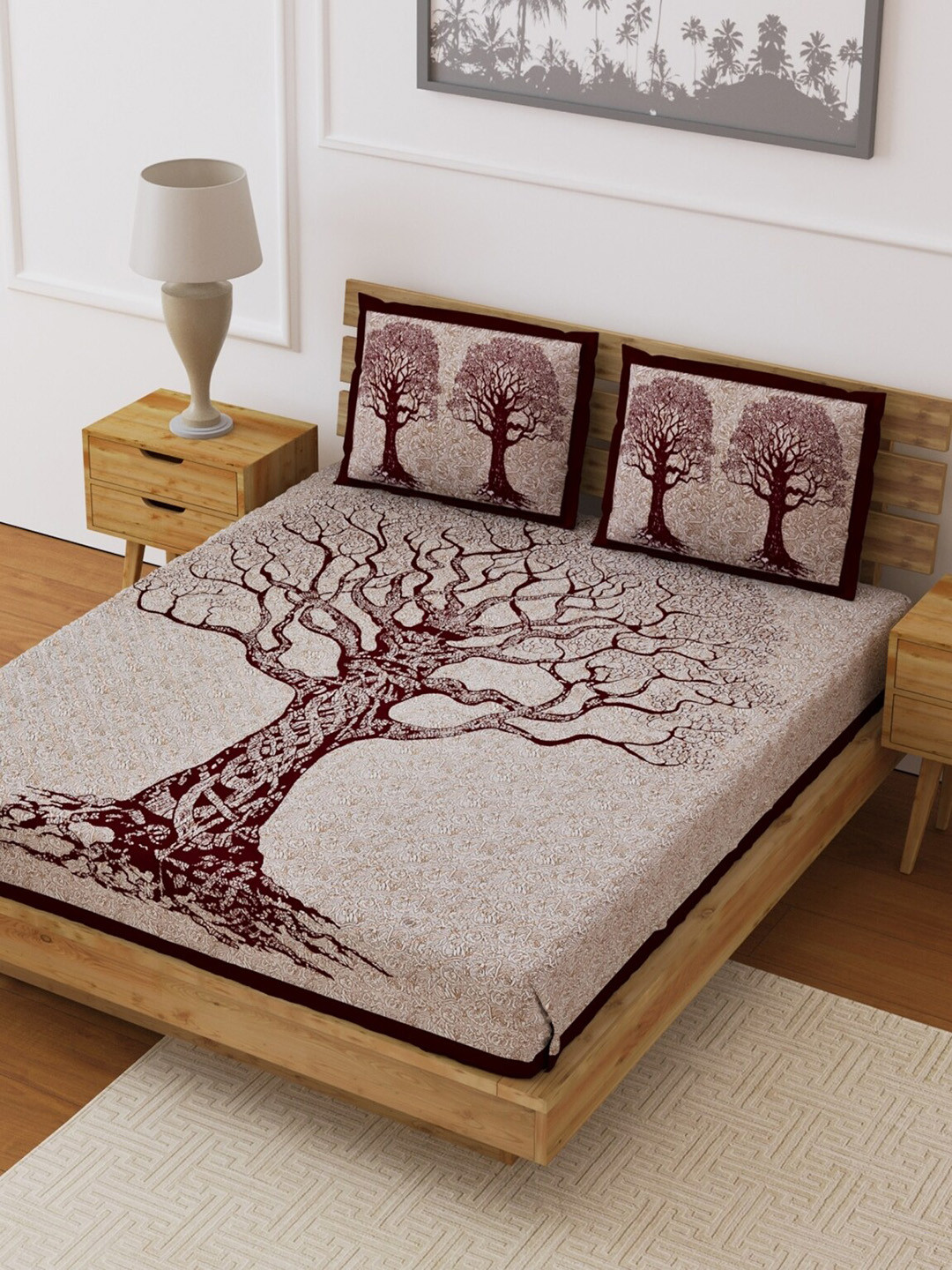 

LIVING ROOTS Brown & White Printed 210 TC Queen Bedsheet with 2 Pillow Covers