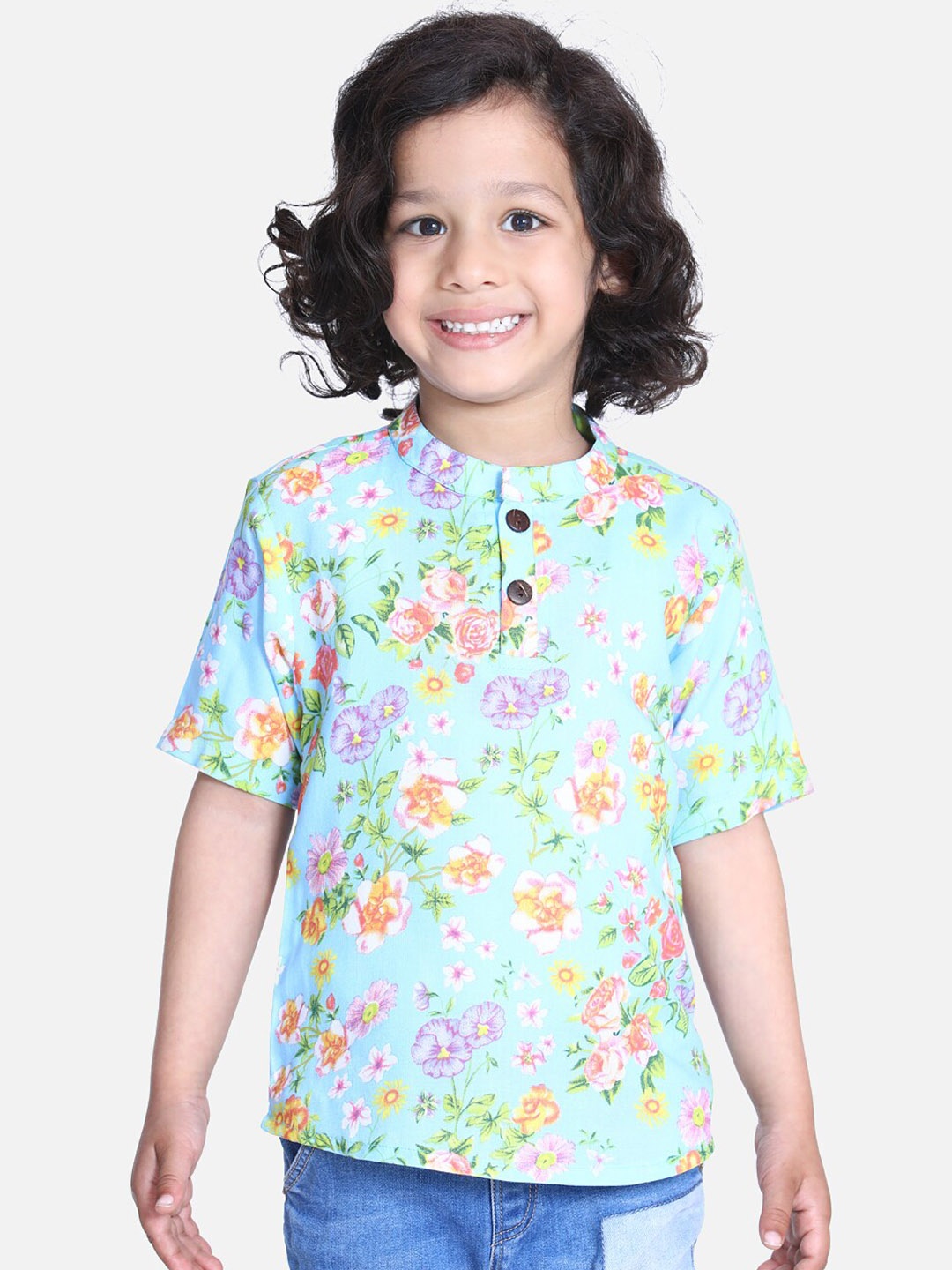 Cutiekins Boys Turquoise Blue Floral Printed Tshirt