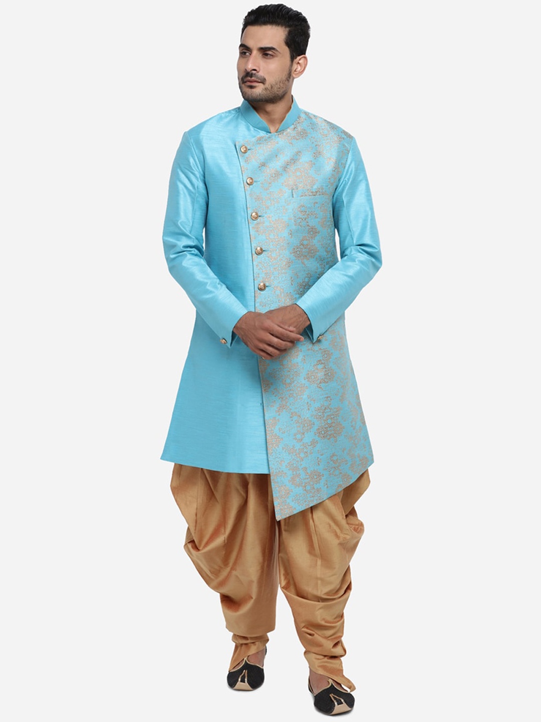 

azania Men Blue & Gold-Toned Woven Design Kurta with Dhoti Pants