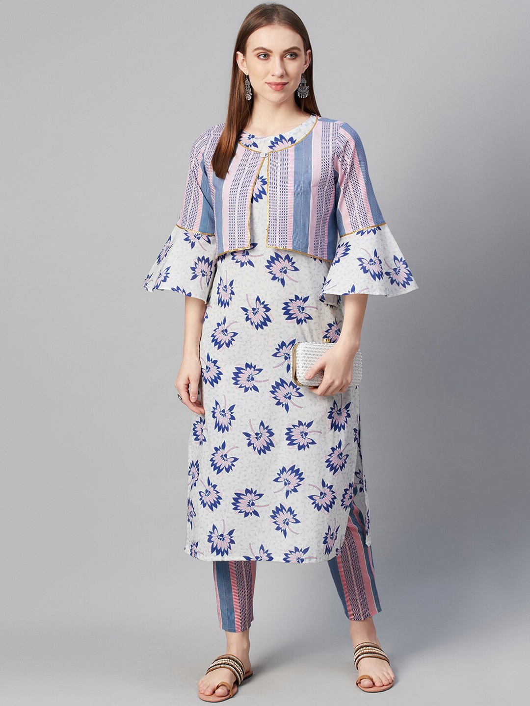 

ZIYAA Women Pink & White Printed Straight Cotton Kurta