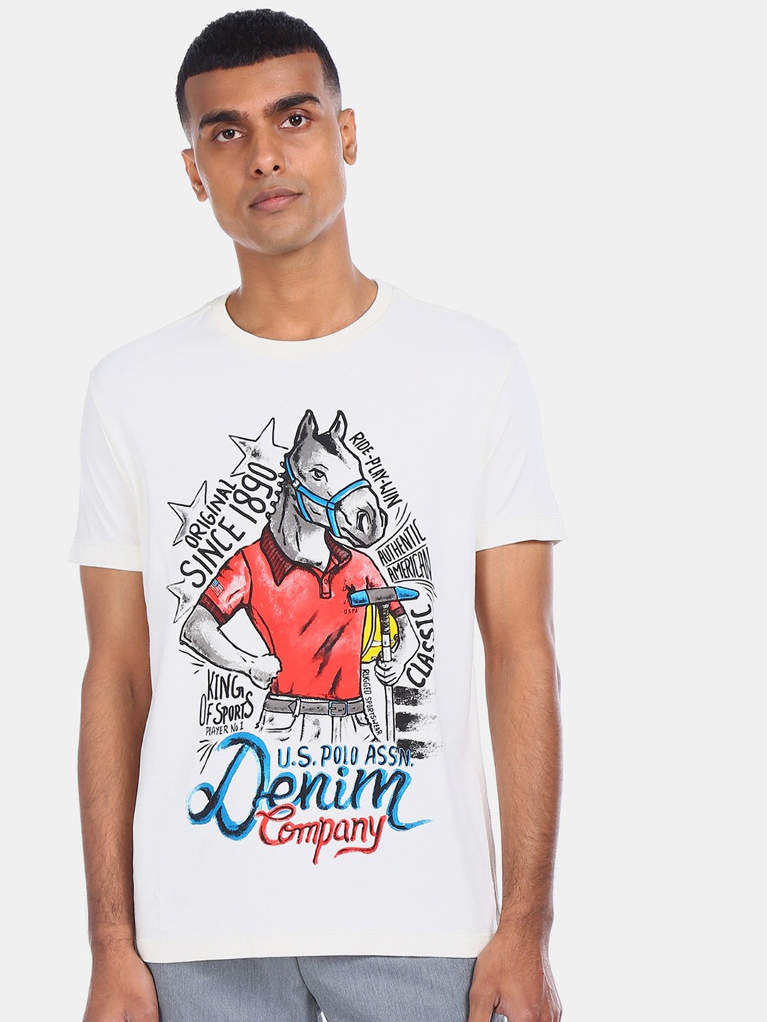 

U.S. Polo Assn. Denim Co. Men White Printed Round Neck T-shirt