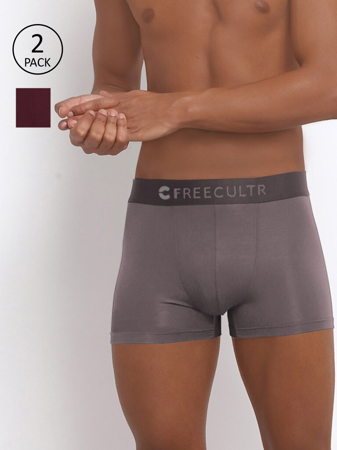 

FREECULTR Men Pack of 2 Solid Anti-Bacterial Trunks, Grey