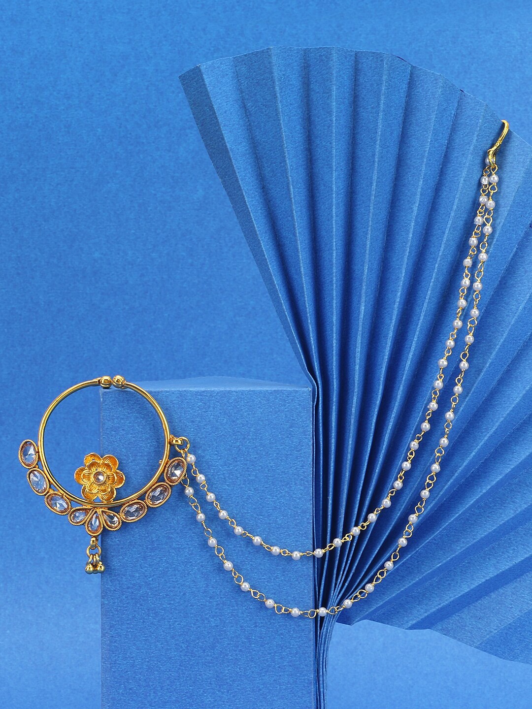 

Adwitiya Collection 24K Gold-Plated White Stone-Studded Pearl Beaded Chained Nose Ring