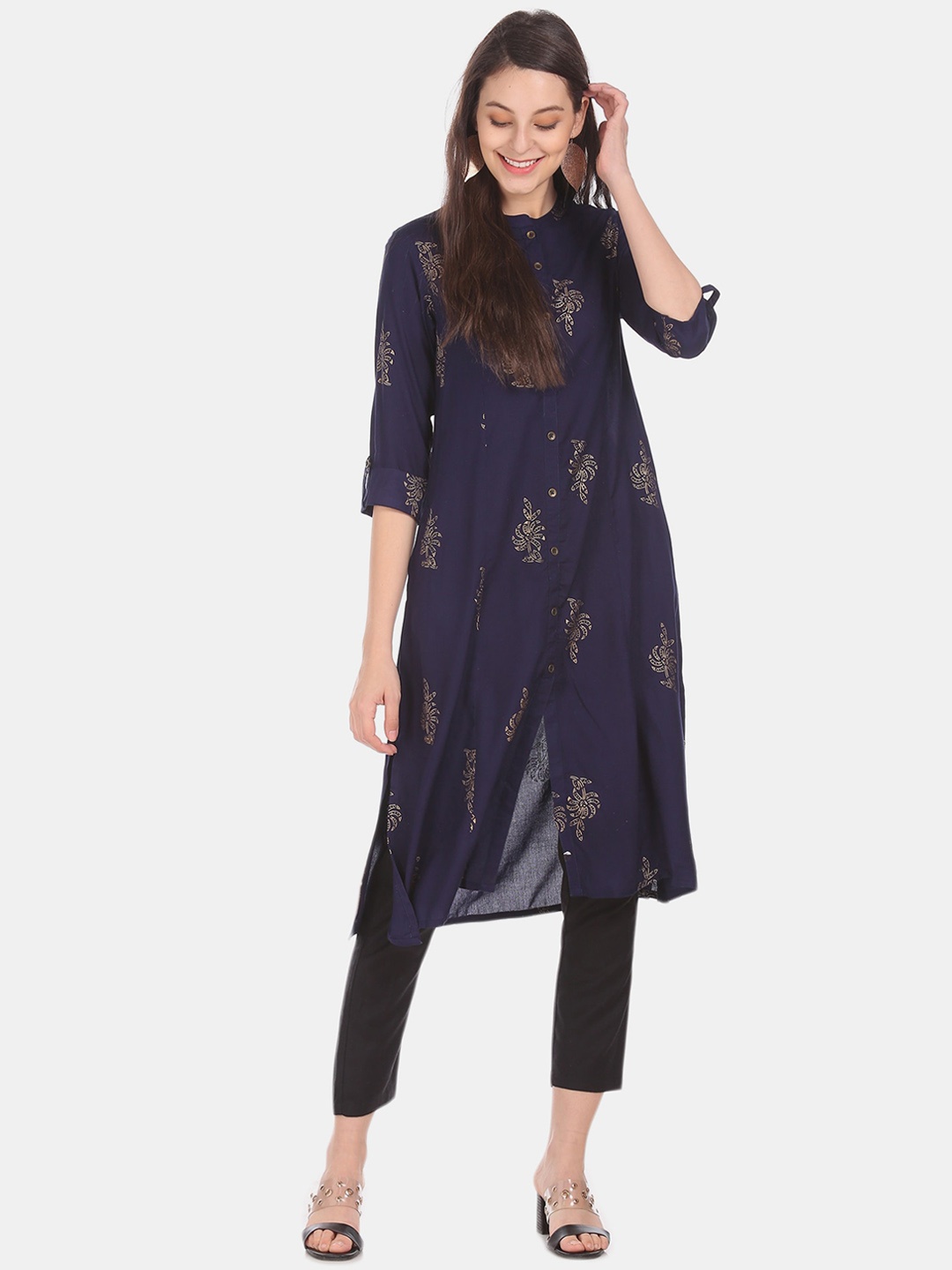 Karigari Women Navy Blue Printed A-Line Kurta