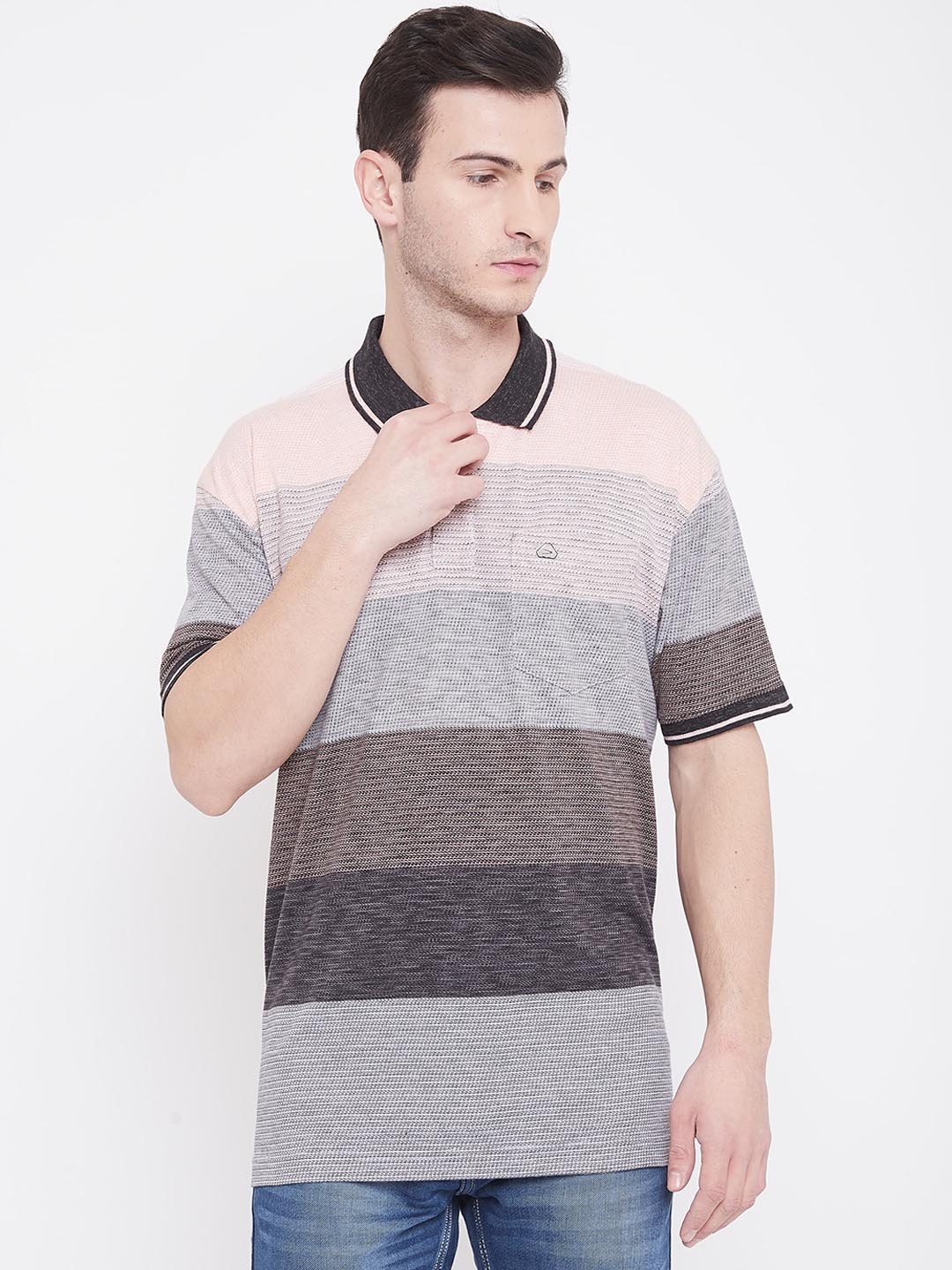 

Duke Men Pink Striped Polo Collar T-shirt
