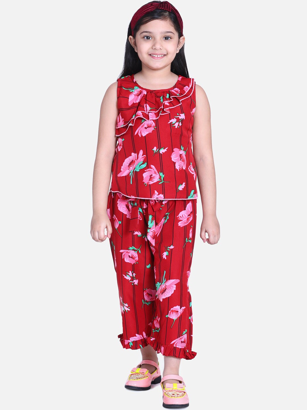 

Cutiekins Girls Red & Pink Floral Printed Top with Trousers