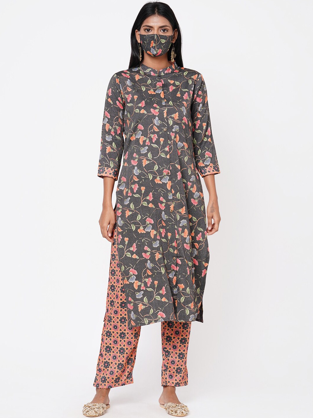 

FASHOR Women Grey & Peach-Coloured Printed Kurta with Pyjamas