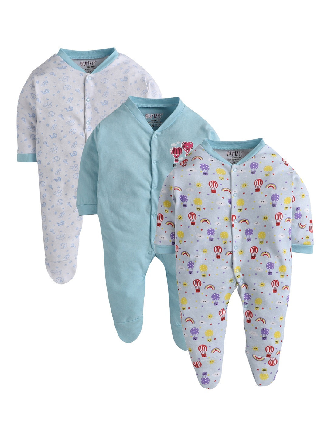 

BUMZEE Infant Kids Pack of 3 Printed Sleep Suits, Blue