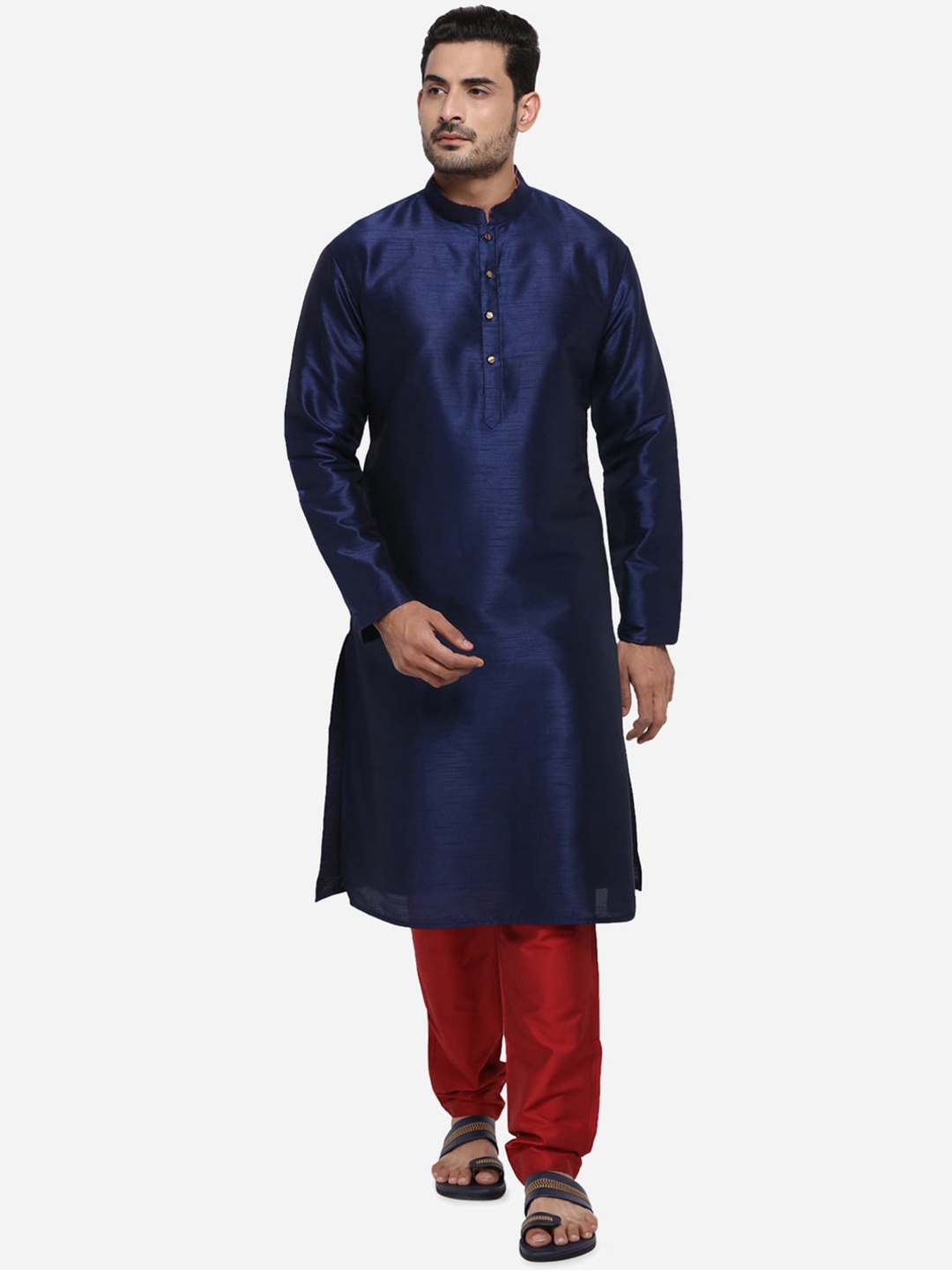 

azania Men Blue & Maroon Solid Kurta with Pyjamas
