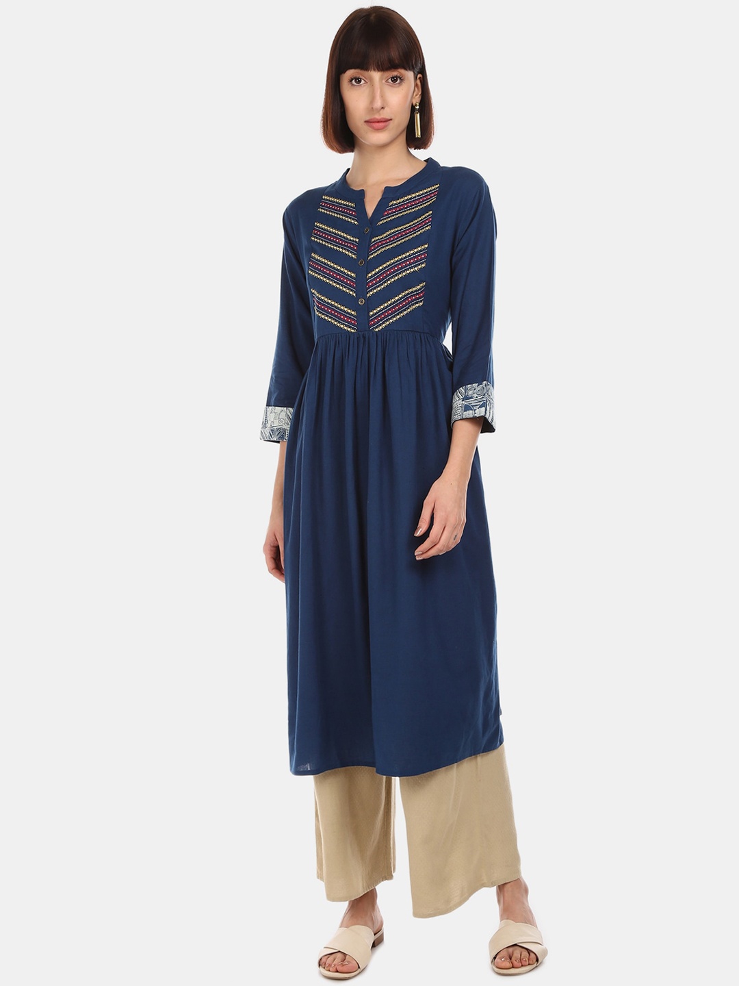 

Karigari Women Navy Blue Yoke Design A-Line Kurta