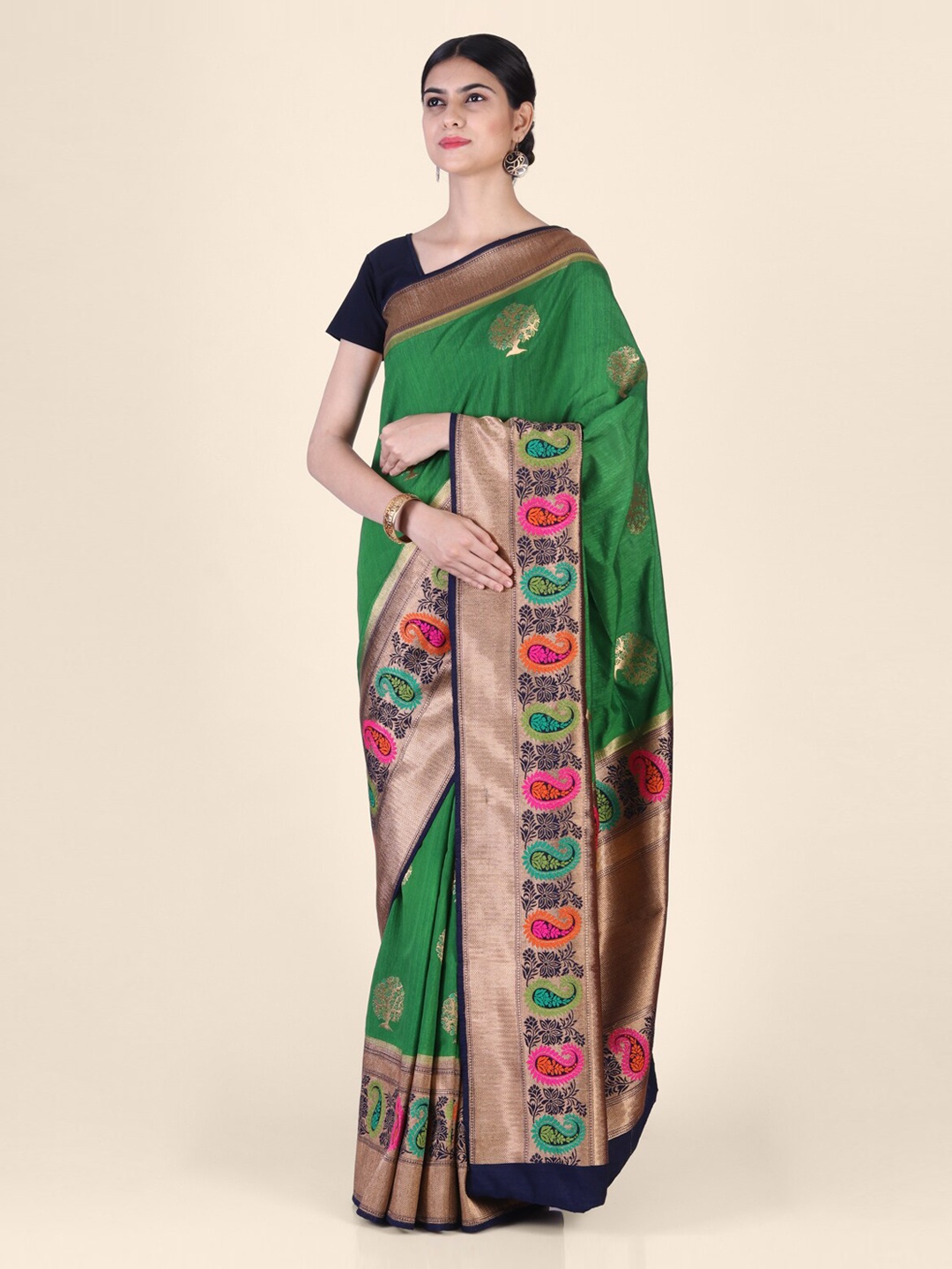

Hastakala Green & Purple Jute Silk Printed Bhagalpuri Saree